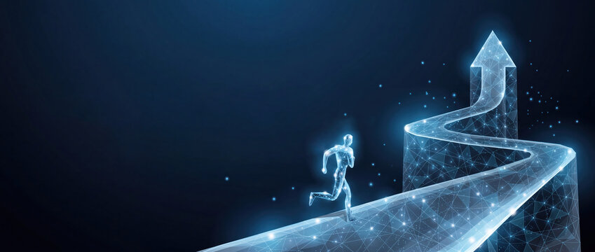 Futuristic digital glowing runner on winding road to success, technology business growth arrow, corporate career ambition background