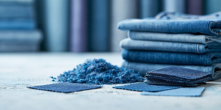 Stack of folded denim fabric swatches
