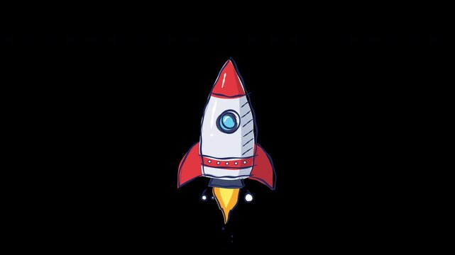 Hand Drawn spaceship rocket taking off for business startup launch 4K Animation with alpha transparent background