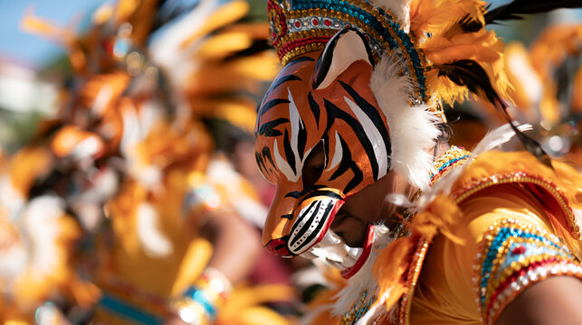 Faceless dancers wearing traditional tiger costumes performing vibrant cultural street movements during a sunny tropical festive celebration, with copy space