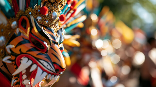 Faceless dancers wearing traditional tiger costumes performing vibrant cultural street movements during a sunny tropical festive celebration, with copy space