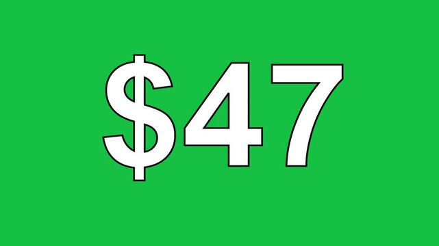 47 dollar sign animation on a solid green screen background.