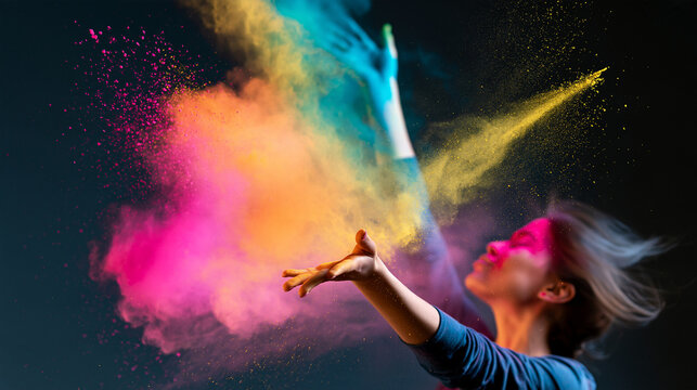 Faceless excited woman celebrating a color festival with a colorful powder splash in the air, vibrant celebration concept, with copy space