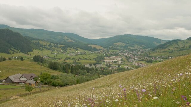 The camera shows a mountain village surrounded by hills and valleys. Flowers cover the foreground and the village sits below. Clouds hang in the sky above.