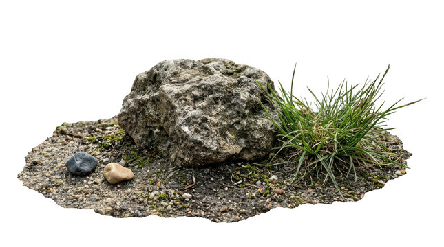 Isolated natural patch of earth with a large textured boulder and green grass clumps transparent background