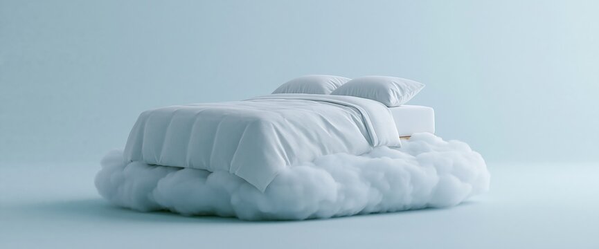 White bed floating on soft cloud