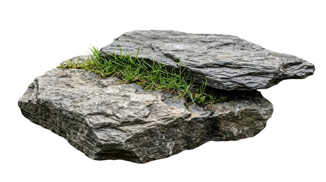 Isolated natural stack of grey stone slabs with green grass growing in between the rock layers transparent background