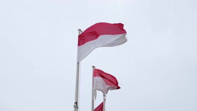 Three red and white Monaco flags wave in slow motion against a pale sky, with one large foreground flag emphasizing the rippling fabric and folds.