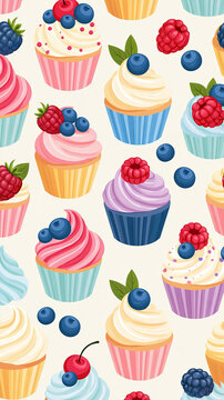 Seamless cupcake pattern featuring colorful frosting, berries and pastel wrappers on a light background, sweet bakery illustration design, with copy space
