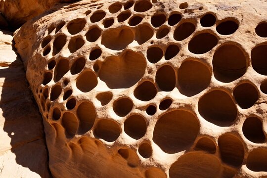 Close-up of honeycomb-like rock formations with circular holes in a desert environment