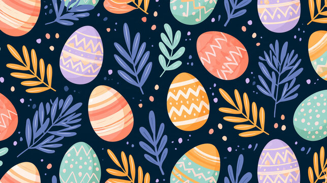 Seamless spring holiday pattern featuring pastel eggs and botanical motifs, festive seasonal design, with copy space
