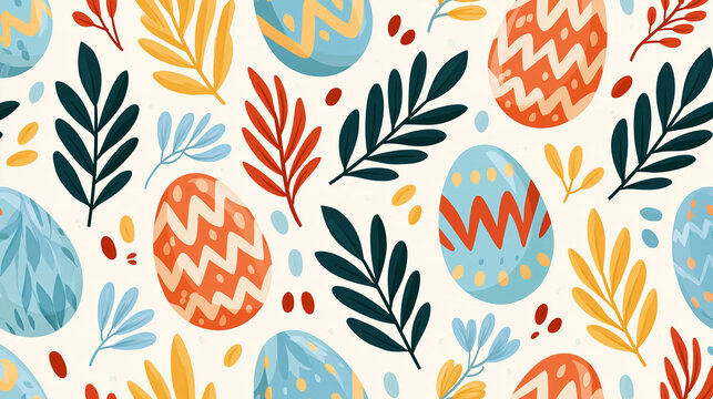 Seamless spring holiday pattern featuring pastel eggs and botanical motifs, festive seasonal design, with copy space