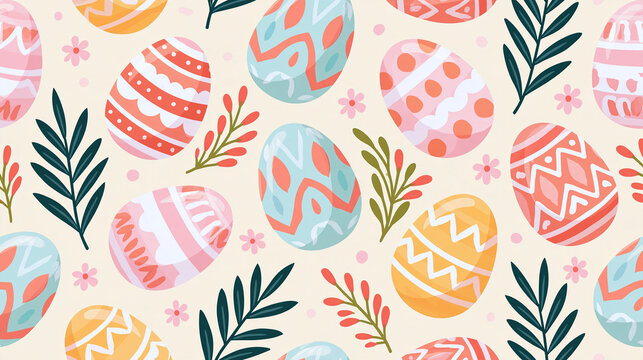 Seamless spring holiday pattern featuring pastel eggs and botanical motifs, festive seasonal design, with copy space