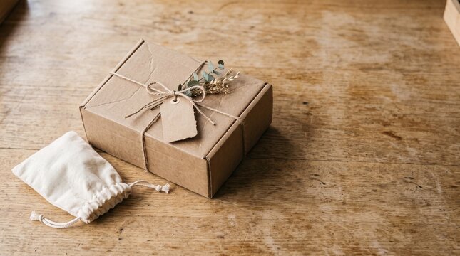 Recycled cardboard packaging styled with natural twine, paper, cotton, and botanical elements.