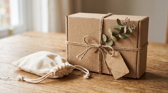 Recycled cardboard packaging styled with natural twine, paper, cotton, and botanical elements.