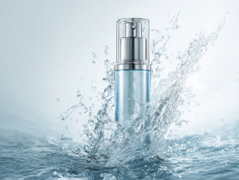 Cosmetic serum bottle in water splash