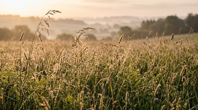 Natural meadow grass illuminated by soft morning sunlight with atmospheric background blur.