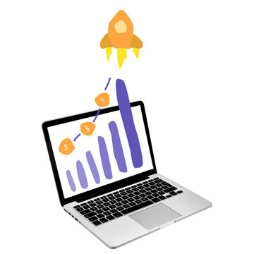 A laptop shows a graph with an upward trend and a rocket above it. The graph has dollar signs. The setting is simple with a transparent background.