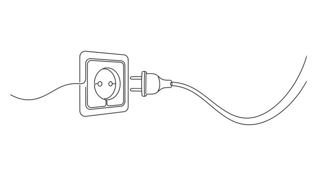 Continuous line drawing of a power plug being inserted into an electric wall socket with electrical plug