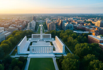 Obraz premium Urban planning and city development, aerial view of a neoclassical memorial monument surrounded by lush green parkland and modern residential buildings