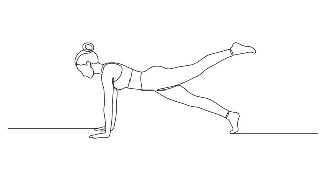 Black and white line art illustration of a woman performing a pilates plank leg lift exercise with exercise