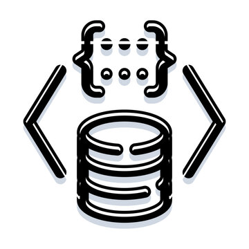 Database system icon featuring a cylindrical data storage object surrounded by curly braces and angle brackets, symbolizing coding, backend development, and information technology