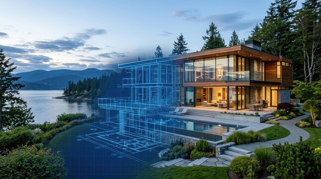 Luxury house transition from architectural blueprint to completed home.