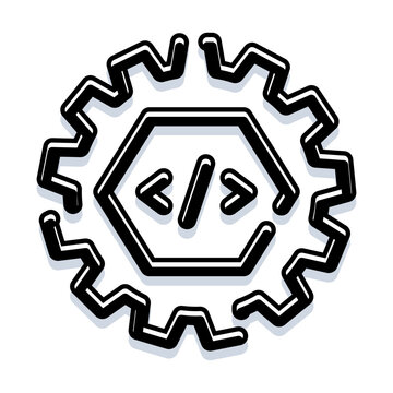Gear icon featuring a hexagon with a forward slash and angle brackets, symbolizing programming, coding, and the intricate process of software development and web engineering