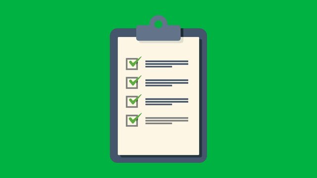 Clipboard Checklist Animation with Green Check Marks and Quality Control Approved Stamp on Green Screen. Perfect for quality control, survey, task completion and inspection.