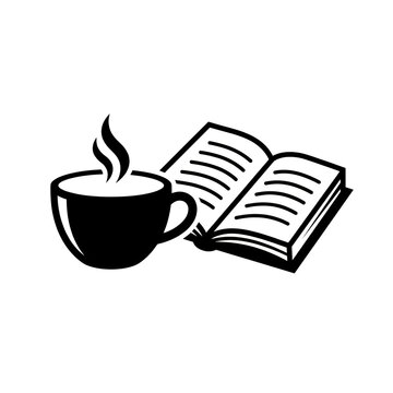 Open book and steaming coffee cup icon symbol representing reading education and leisure time