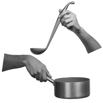 Two hands are seen engaging with kitchen tools. One hand holds a ladle raised above while another hand grasps a pot. The scene is set against a plain transparent background.