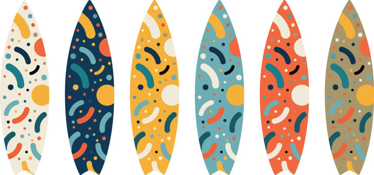 Colorful surfboard collection with abstract patterns and shapes on a white background for summer designs