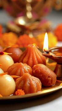 Indian Sweets and Lit Oil Lamp for Jagaddhatri Puja Celebration