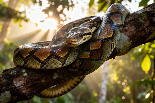 A large python coiled on a tree branch in a sunlit forest