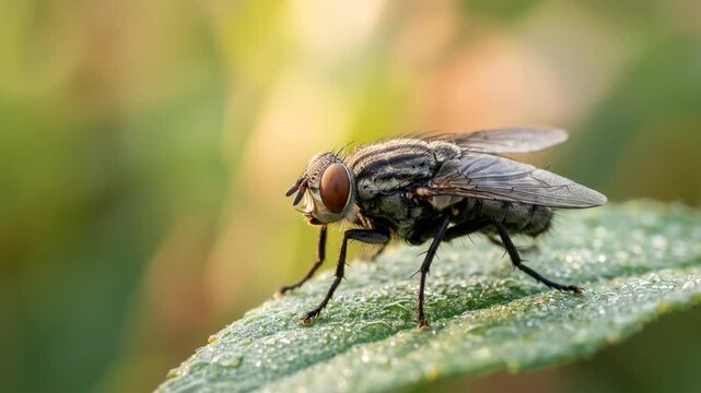 housefly close up at morning light in european garden video