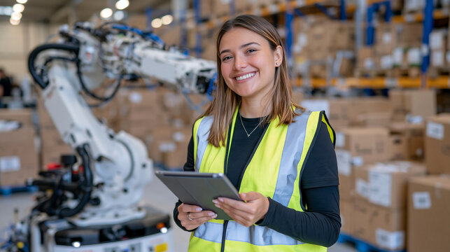 Rear view of a professional female warehouse supervisor with medium brown skin standing beside an autonomous mobile robot with an articulated arm, reflective safety vest, tablet held in both hands, 