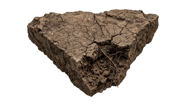 Isolated piece of dry cracked earth with roots and soil texture transparent background