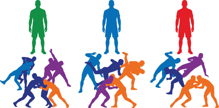 Colorful athletes wrestling and grappling under separate referee group figures for championship match infograph vector illustration