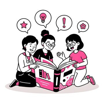 Three women reading a large book together with speech bubbles
