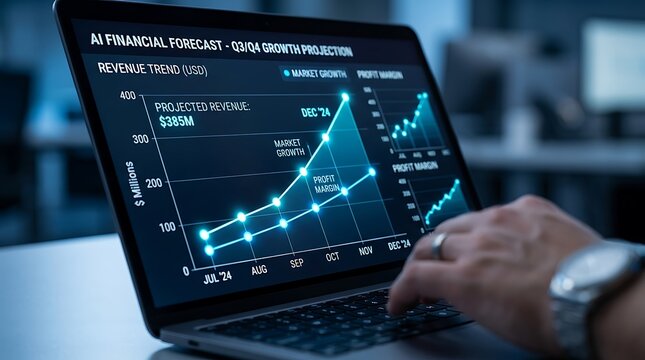 Professional financial analyst evaluating corporate revenue trends and growth projections on a digital laptop dashboard in a modern office