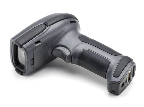 Black handheld barcode scanner resting on its side on a clean white background.