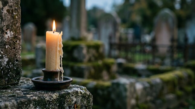 A flickering candle flame offers a poignant symbol of remembrance and solace amidst the quiet, historic atmosphere of a cemetery at night