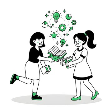 Two smiling girls sharing books and ideas illustration