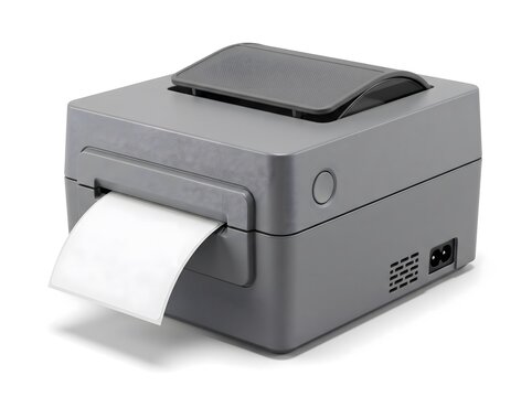 Grey thermal label printer with a blank white label paper rolling out on a isolated white background.
