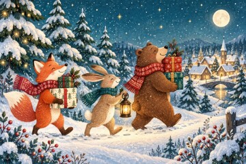 Obraz premium Woodland animals bring Christmas gifts through snowy village