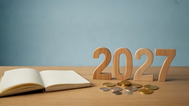 Wooden 2027 numbers beside an open notebook and scattered coins representing financial planning and goal setting for the upcoming new year