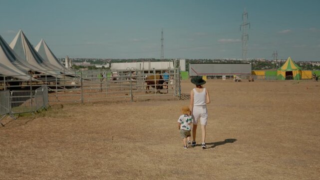 A woman and her child walk together at the zoo. They move towards a bison enclosure. It is a sunny day and other animals can be seen nearby.