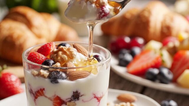 A spoon lifts creamy yogurt parfait as honey drizzles over berries and nuts. Healthy breakfast serving with granola and fruit.
