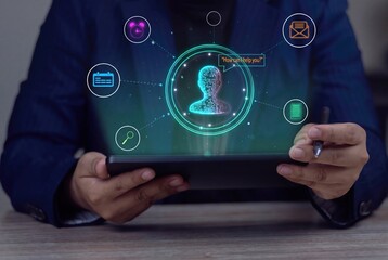 Obraz premium Artificial intelligence technology, digital assistant hologram on tablet. Business innovation and future tech concept.