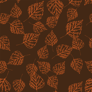 Seamless pattern with rust orange birch leaf skeleton prints on dark chocolate brown background. Earthy fall botanical vector repeat